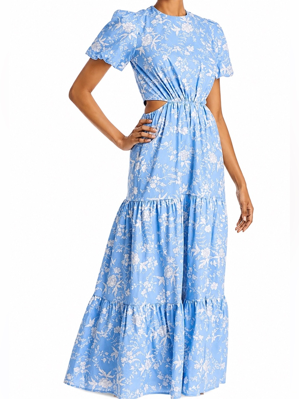 Wayf Plaza Floral Cut-Out Tiered Maxi Dress in Sky Blue Toile Size medium